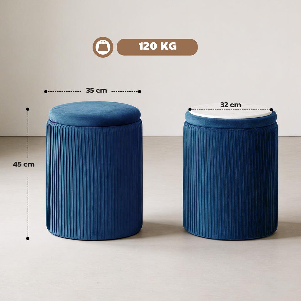 Storage Ottoman Modern Velvet Round Foot Stool for Living Room Bedroom 45 cm Blue