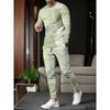 Men's Gray Printed Casual Sports Suit, Fashionable Geometric Patchwork Long-sleeved Top with Trousers