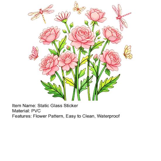 Static Glass Sticker, Soft Roses Decal with Dragonflies And Butterflies, No Glue Waterproof Sunproof Window Film for Bedroom Living Room Balcony