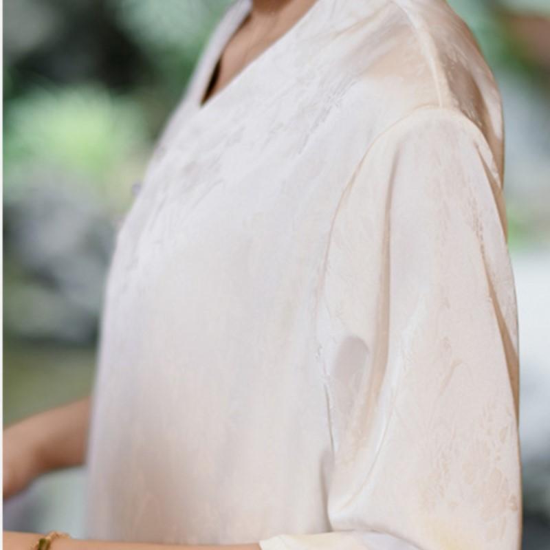 Johnature Women Chinese Style V-Neck Dresses Jacquard Half Sleeve Button Summer A-Line Female Vintage Dress