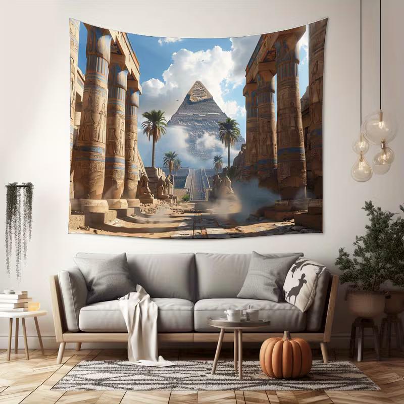 Arazzo Egizio Retro 2D, Appeso a Parete con Piramide e Geroglifici per Soggiorno