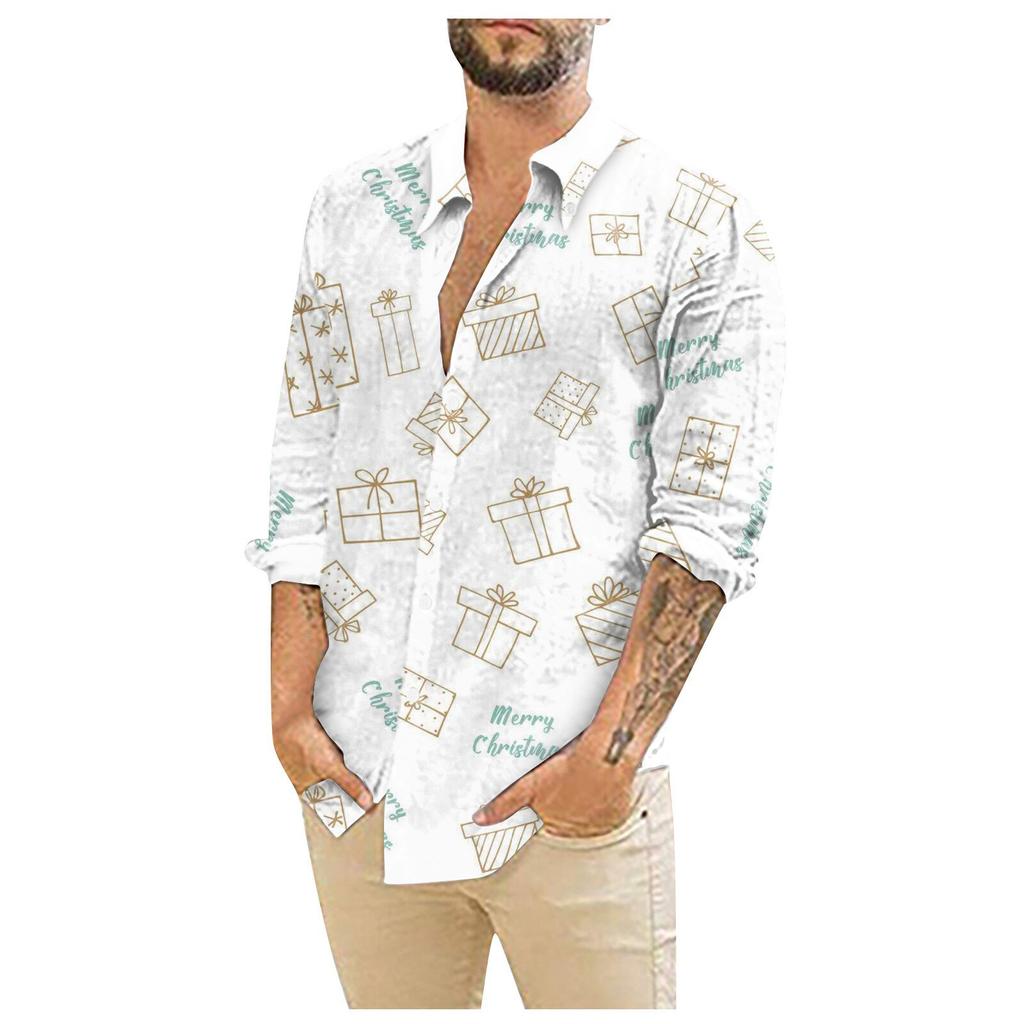 Men's Christmas Shirts Long Sleeve Floral Printed Button Up Tops Funny Cute  Graphic Dress Shirt