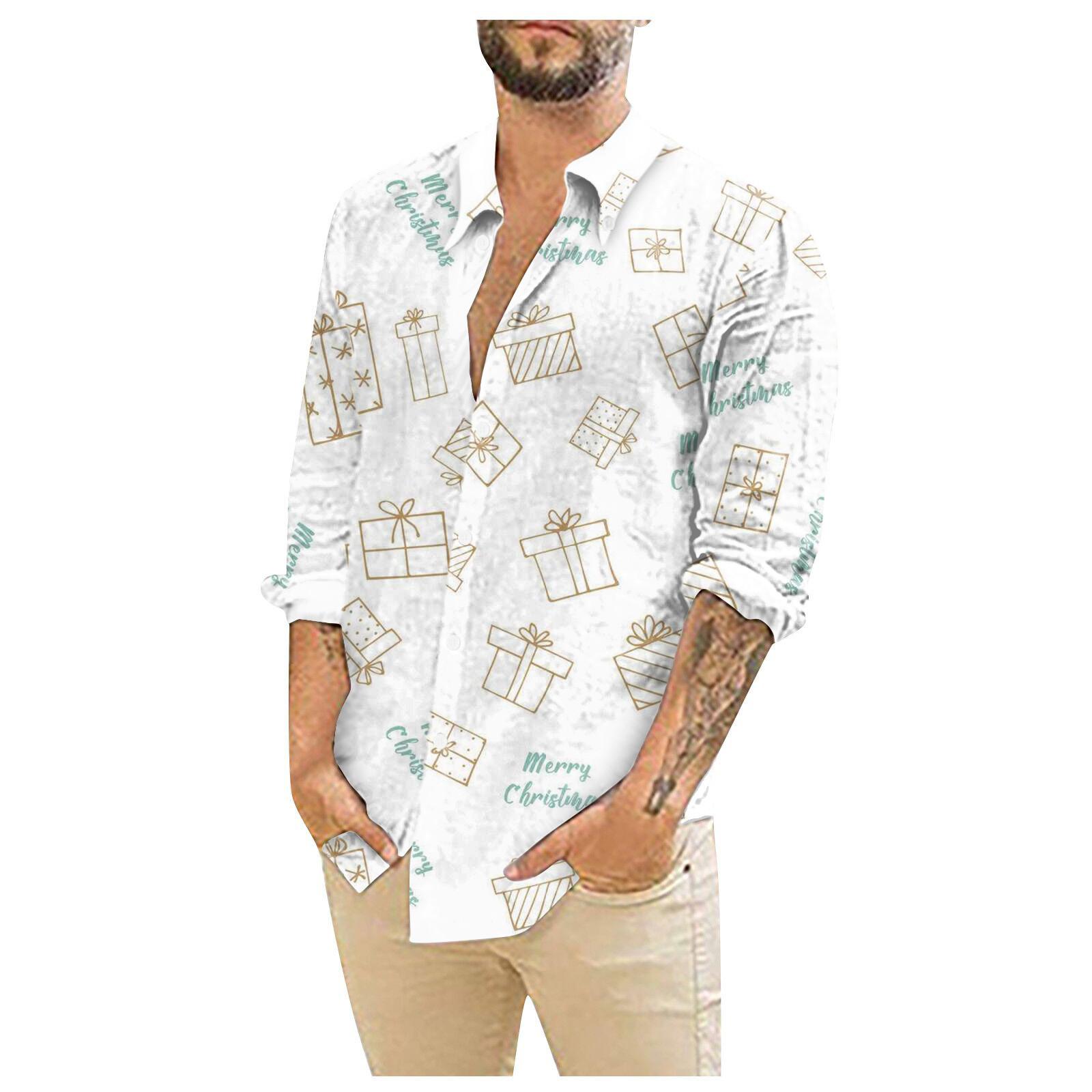 

Мужские рождественские рубашки с длинным рукавом и цветочным принтом, топы на пуговицах, забавная милая классическая рубашка с рисунком XXL белый
