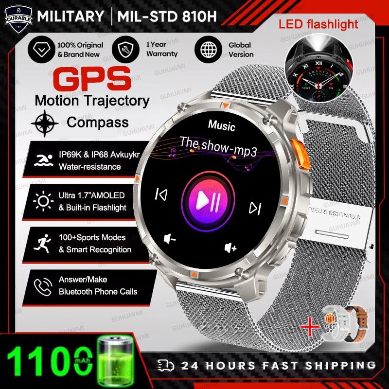 1100mAh Large Battery Durable Adult Smart Watch GPS Strong Flashlight 10ATM Waterproof BT Call Sport Smartwatch Men