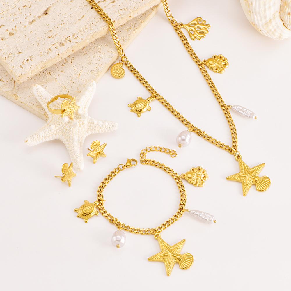 OAHLAN Ocean Series Colorful Scallop Starfish Pearl Sweater Chain 18k Gold Plated Stainless Steel Earrings Bracelet Necklace Set