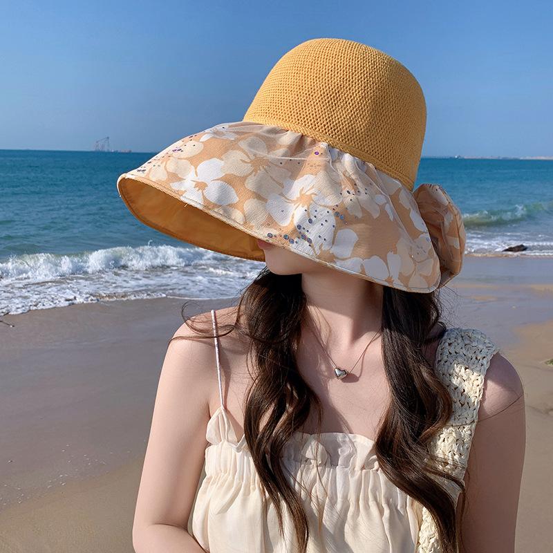 Ladies sun hat color glue printing mesh sequin knitted sun hat sun protection breathable big edge bucket hat