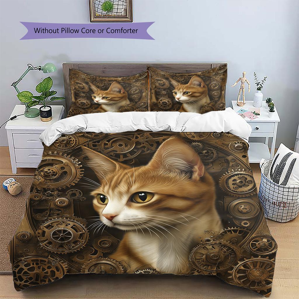 Gear Cat Pattern Bedding Quilt Set Quilt Cover Pillowcase Home Decoration Gift (1 * duvet cover + 2 * pillowcase, without core)