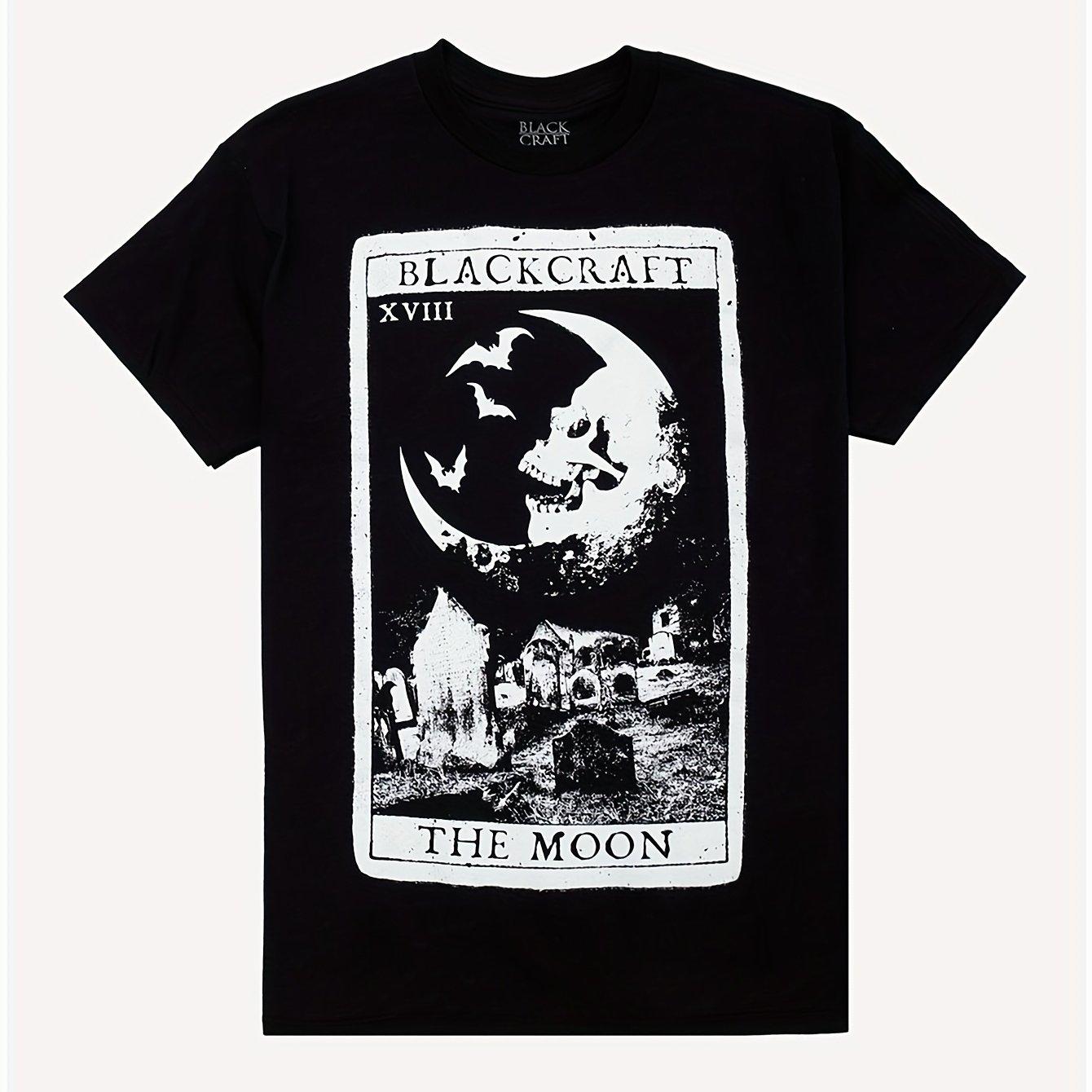 

Blackcraft The Moon Tarot Card Graphic T-Shirt Pure Cotton Men’s Casual Short Sleeve Tee with Skull Bat Design 4XL