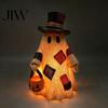 Harvest Festival Entryway Displays Lighted Patchwork Ghost Resin Figurine with Pumpkin Lantern, Rustic Farmhouse Style Halloween Whimsical Autumn Home