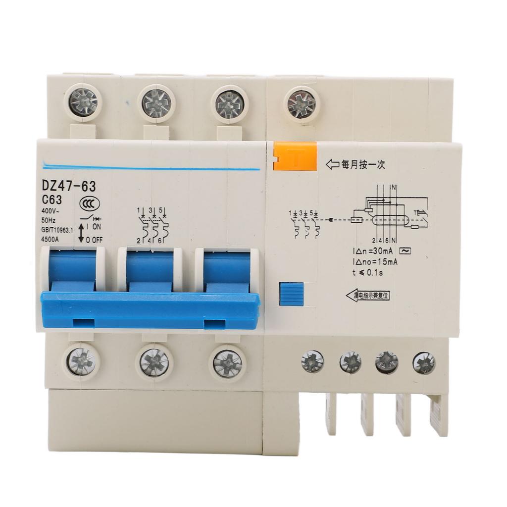 Circuit Breaker 3P and N MCB DIN Rail Mount 4500A Breaking Capacity 400V 63A for Home Office