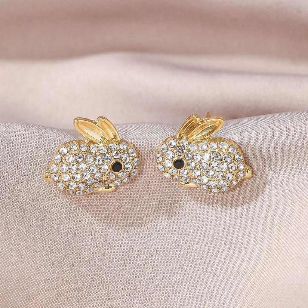 Elegant Zirconia Bunny Ear Studs - Eco-friendly Alloy, Rhinestone Design, Versatile Earrings