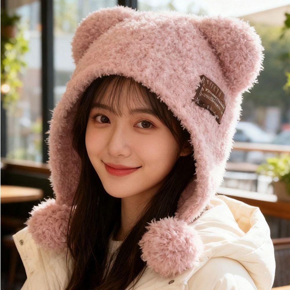 Fluffy Little Bear Ears Hat Bear Ears Winter Plush Hat Personality Knitted Cap  Female/Girls