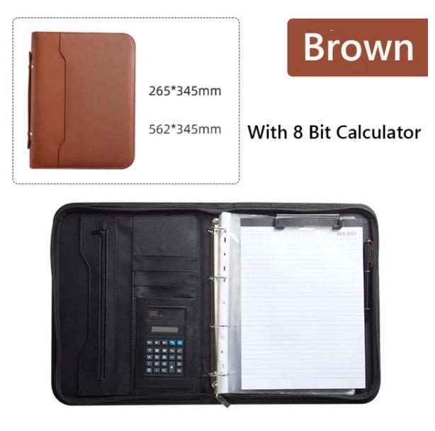 A4 PU Leather Business Padfolio Organizer Case Binder Manager Document Pad Office Zippered Briefcase File Folder with Calculator