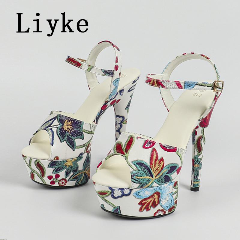 

Fashion Liyke Brand Design Flowers Print Leather Platform Sandals Women Sexy Peep Toe 13CM Super High Heels Stiletto Party Banquet Shoes 34 белый