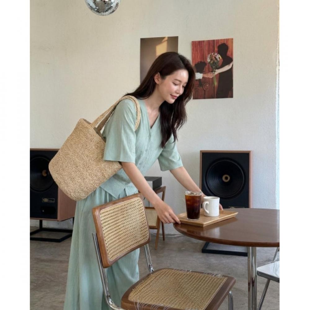 Mizqz Women Summer Wrinkle Free V Neck Cardigan Wide Pants Set