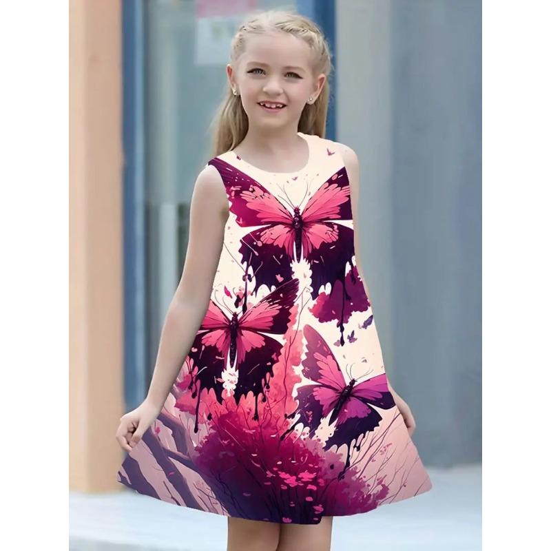 Stylish Cute Comfortable Butterfly Print Children's Sleeveless Women's Clothing Dresses Girls