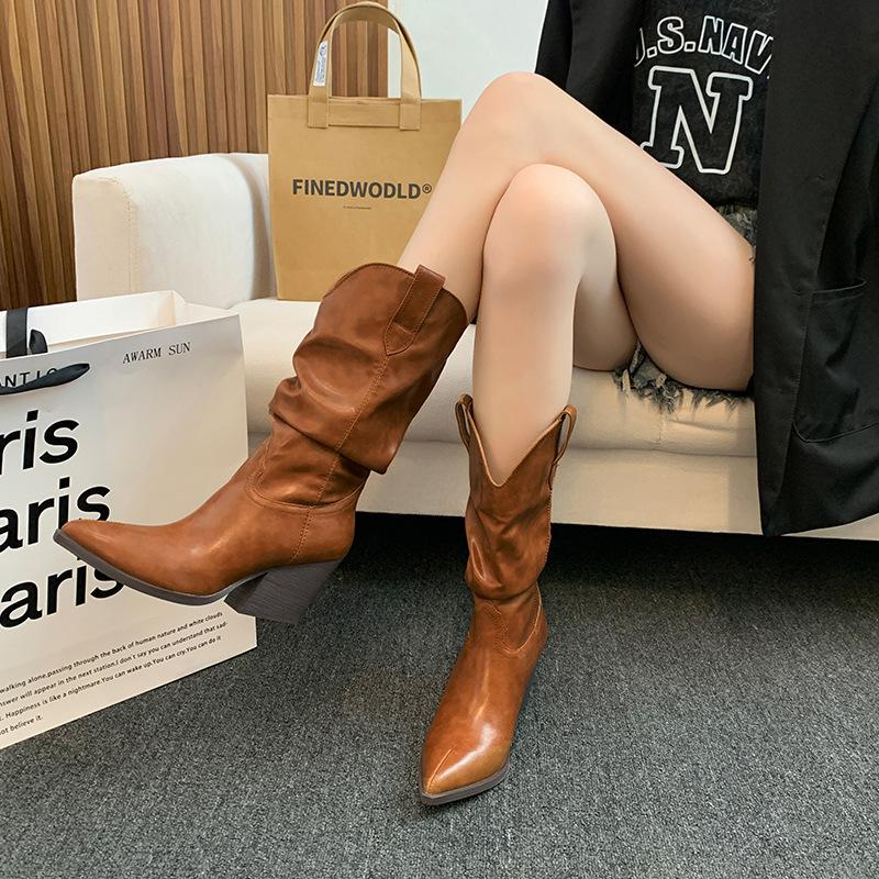 

Autumn new western boots pointed middle boots large size thick heel pleated knight boots women 34