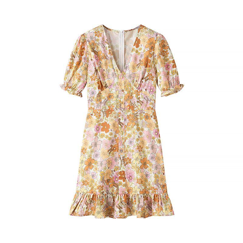 Silky Glaze French Style Seaside Vacation Style Pure Desire V-neck Puff Sleeve Flowers Print Dress Beach Skirt