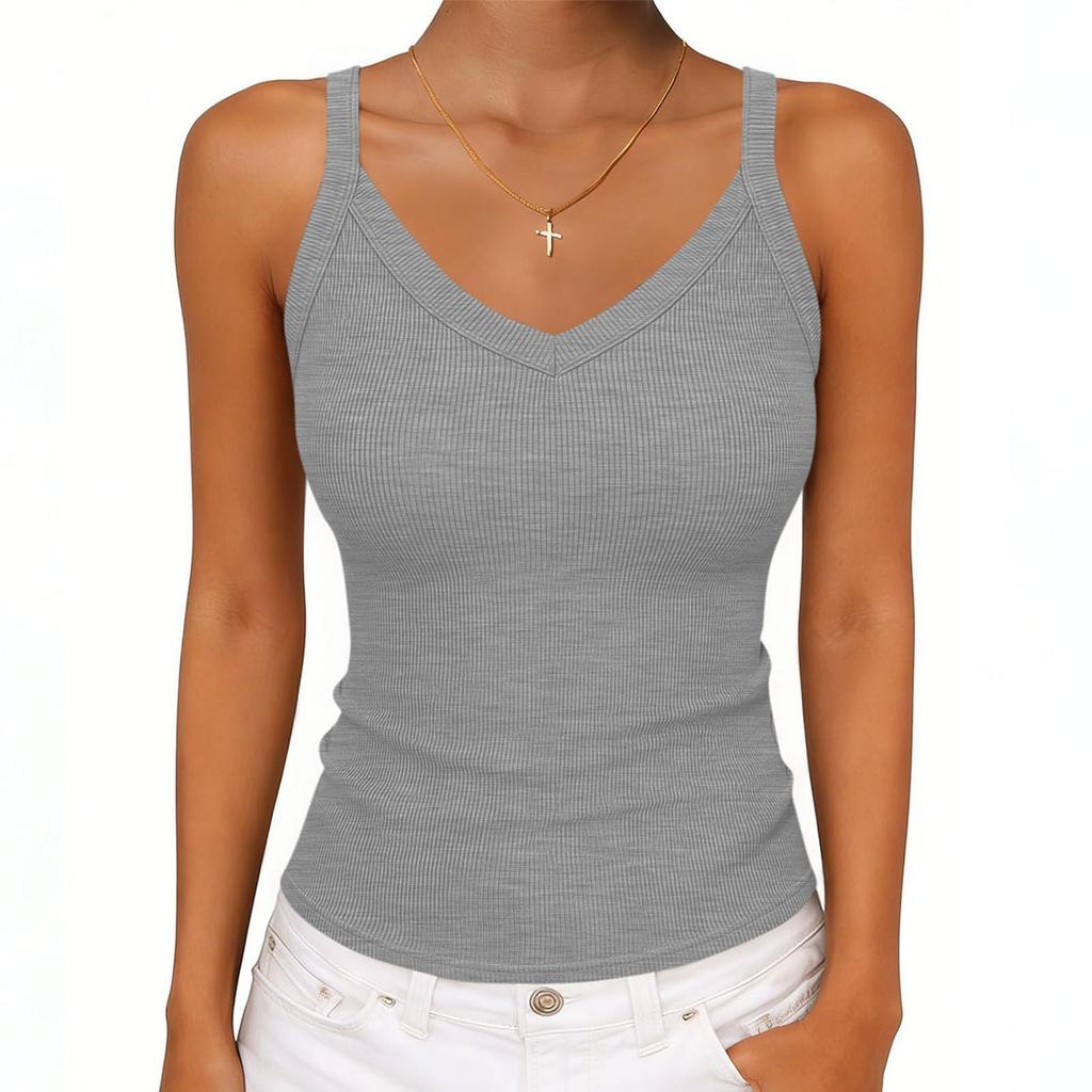 Women's V-neck Ribbed Knit Fitted Sleeveless T-Shirt