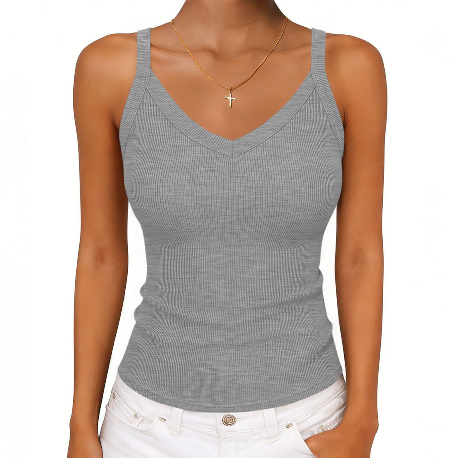 Women s V-neck Ribbed Knit Fitted Sleeveless T-Shirt S