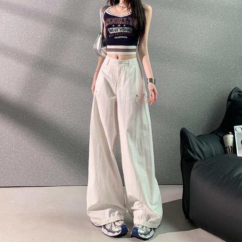 Women's American Style Green Wide-Leg Workwear Pants - Summer Loose Fit, Thin, Floor-Length, Casual 2026.