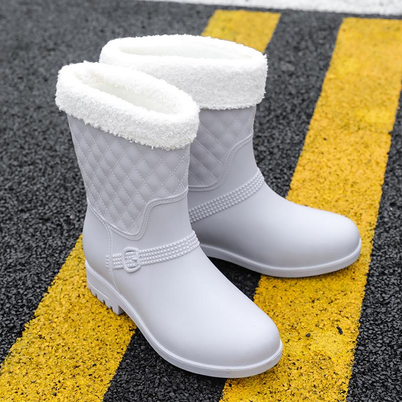 Medium Tube Rain Shoes Women's Rubber Shoes Wear Non-slip Water Boots Water Shoes Velvet Kitchen Work Outdoor Short Rain Boots