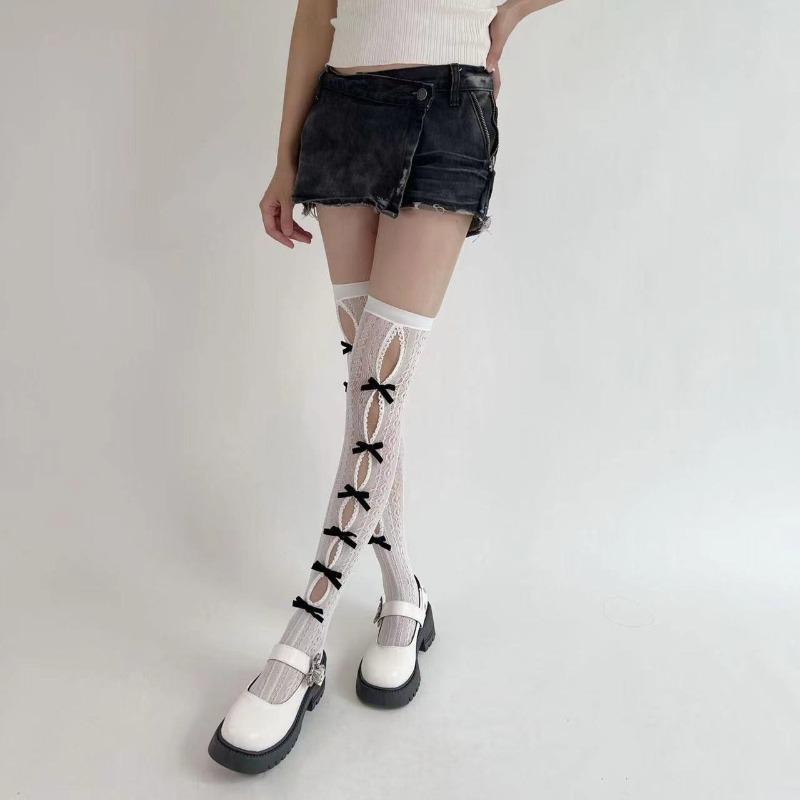 

Women Sexy Stocking Bow Tie Lace Thigh Socks Lolita Jk Lace Gothic Hollowed Out Over Knee Socks Calf Socks Clothing Accessories oen size белый