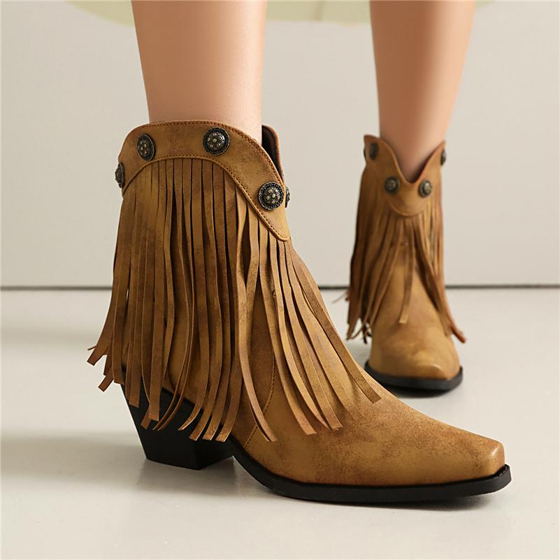 FOREADA Women Ankle Cowboy Boots Round Toe Block High Heels Western Boots Metal Decoration Tassel Cowgirl Short Boots Lady Fashion Shoes Autumn Winter