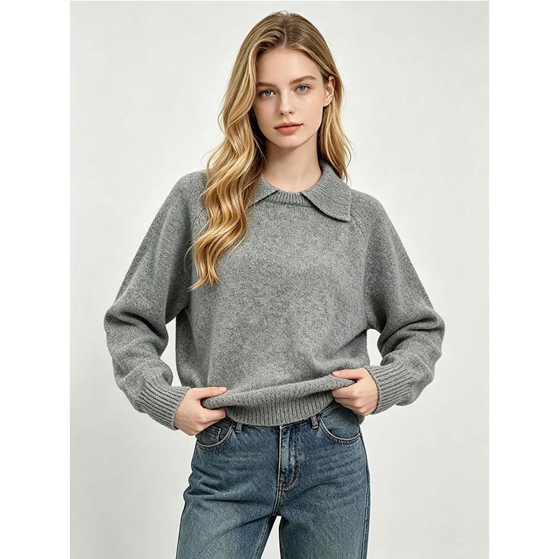 Autumn and winter lapel-neck knitted sweater women's loose shoulder-sleeved spliced lapel top