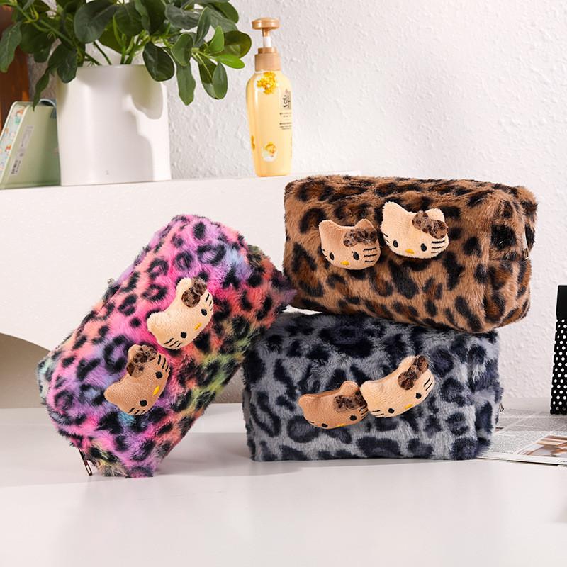 Pink Leopard Print Plush Makeup Bag With Large Capacity For Travel And Storage