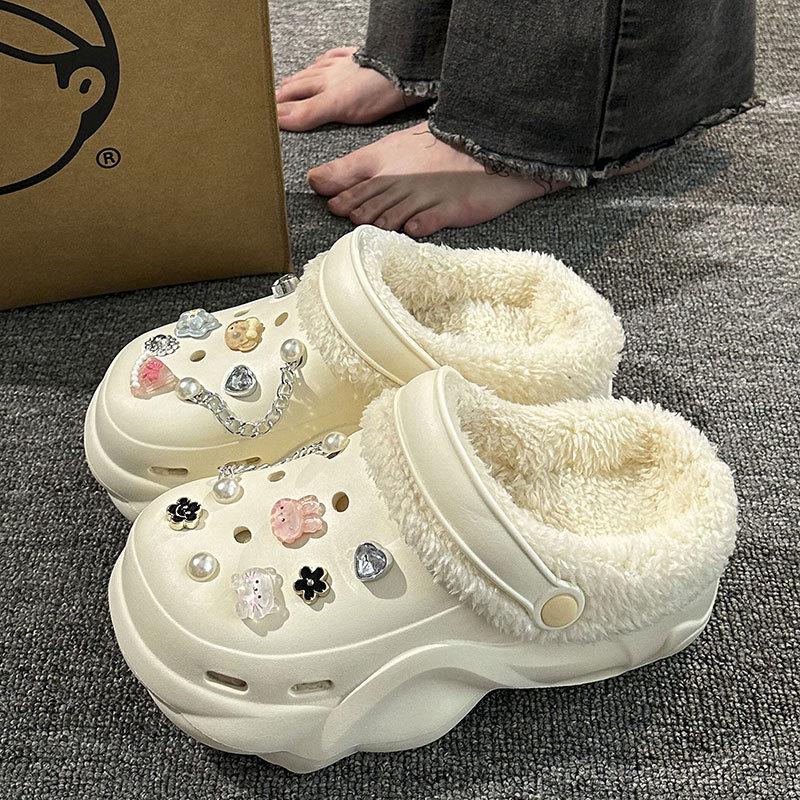 New velvet hole shoes women's winter non-slip outer wear cotton shoes heightened thick-soled home removable cotton slippers