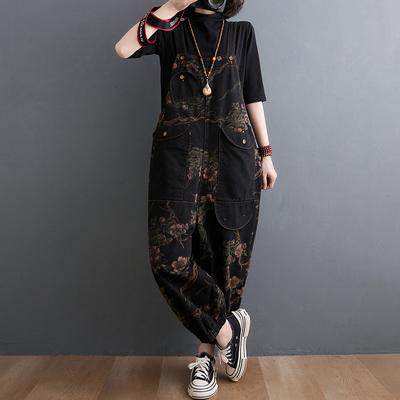 Vintage Print Floral Denim Jumpsuit Women Loose Wide Leg Baggy Straps Cargo Pants Streetwear Big Size Black Jeans Overalls Femme Plus Size