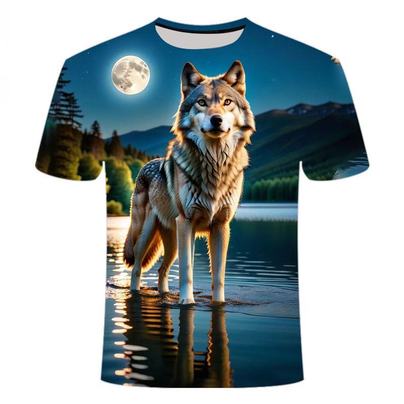 2024 Summer New 3D Printed Short Sleeve High Cold Fierce Lonely Wolf Series Men's and Women's Round Neck T-shirt