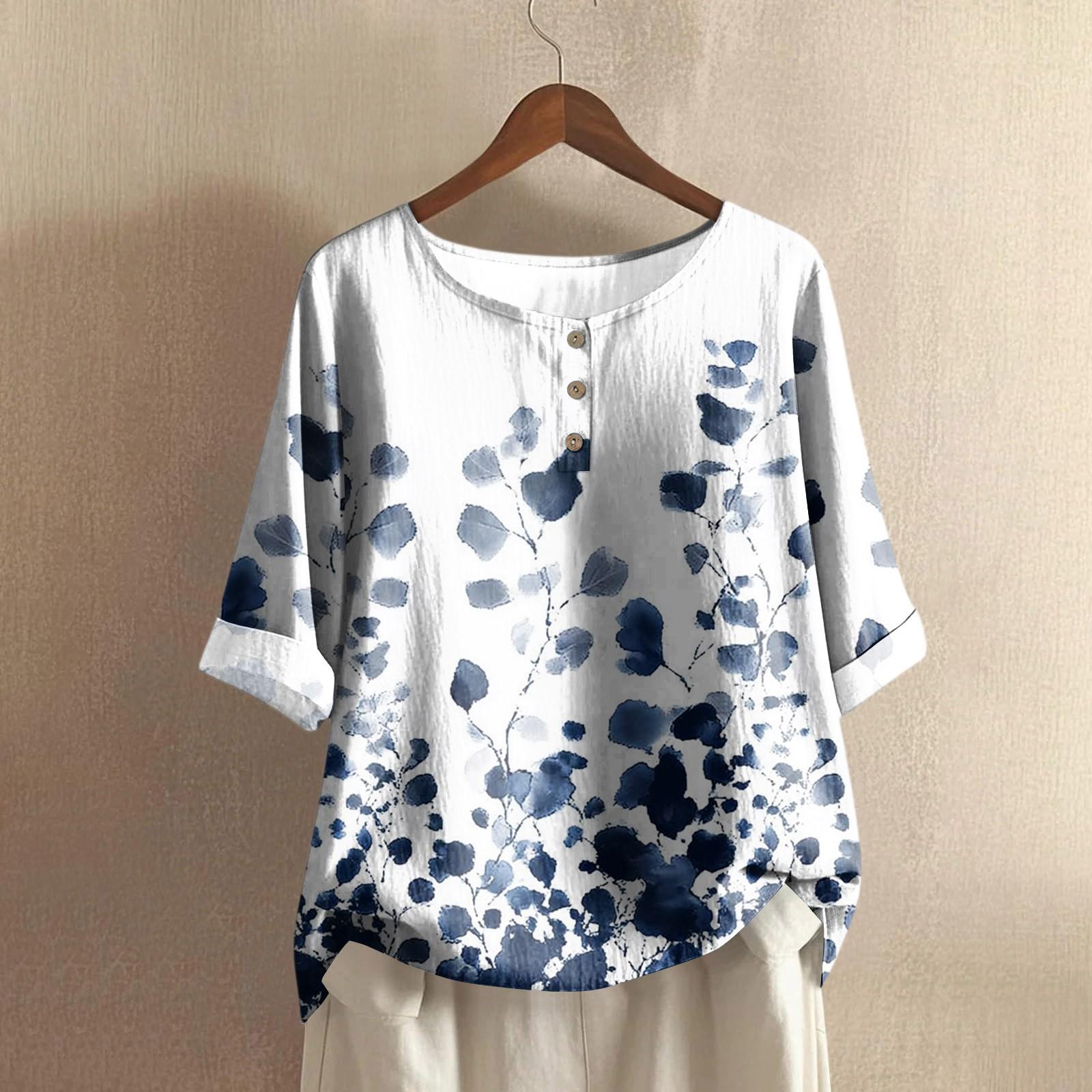 

Женская модная и повседневная рубашка с полурукавом, круглым вырезом, принтом, из хлопка и льна, блузка-топ M