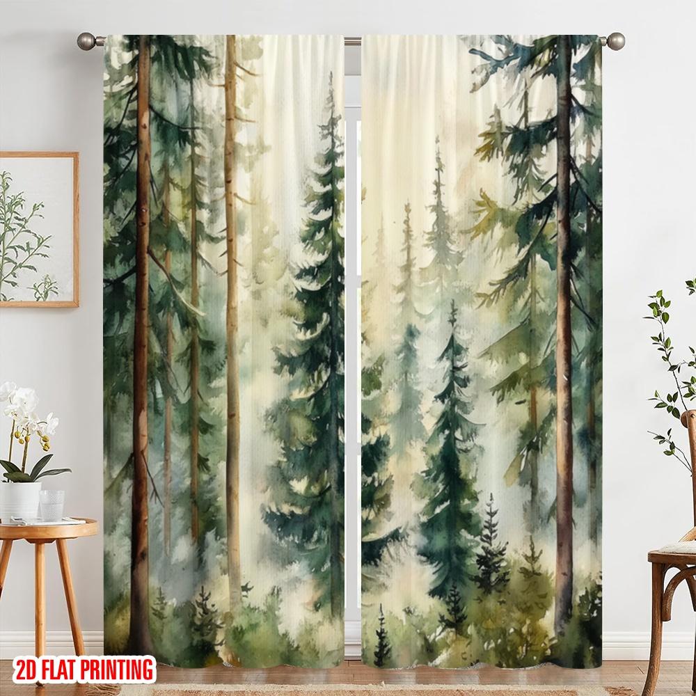 2pcs,2D plane printing Print Curtains Misty Pines Durable Polyester (without rod) Versatile All Ldeal for Living Room, Bedroom,