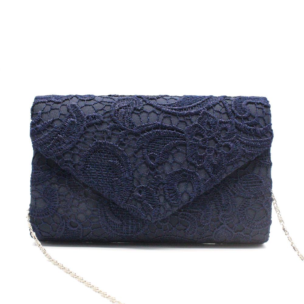 Elegant Lace & Satin Clutch Evening Bag with V-Shaped Flap