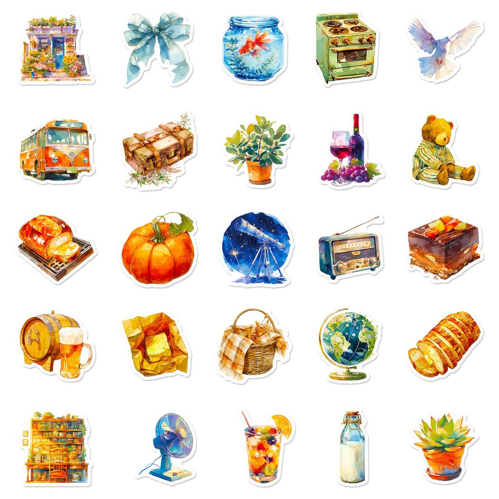 50 Watercolor Life Cartoon Hand-painted Realistic Graffiti Stickers Pudding Horn Packaging Decoration Suitcase Water Cup Stickers