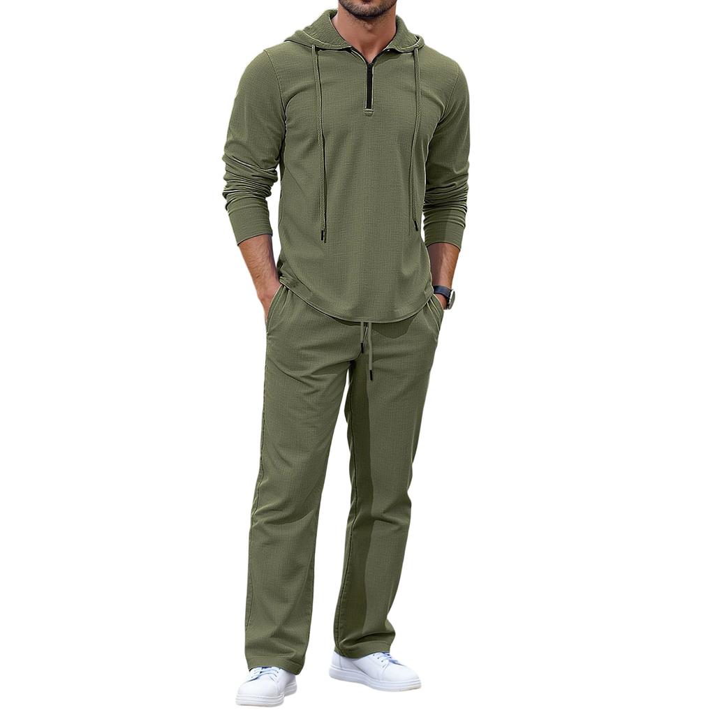 Men  Leisure  Hooded Hood  Half Zipper  Upper Garment  Trousers  Set
