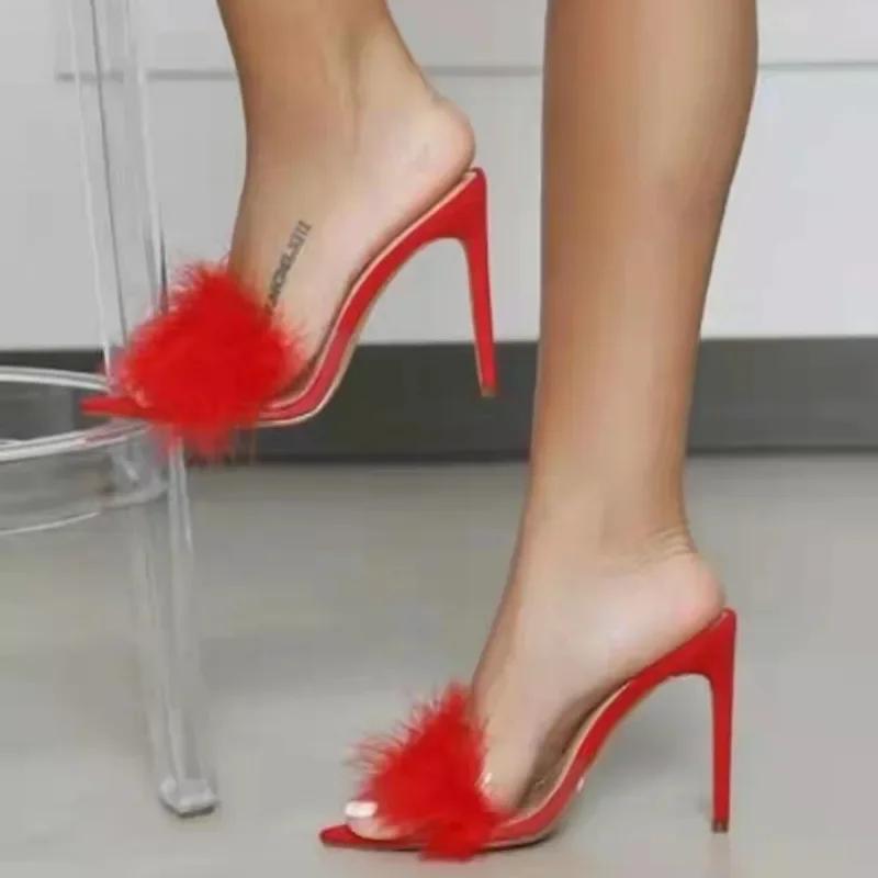 Fashion 2024 Shoes Female Plus Size Modern Women's Slippers Brand Dress Slippers Women Feather Pointed Toe Super High Thin Heels Sandals
