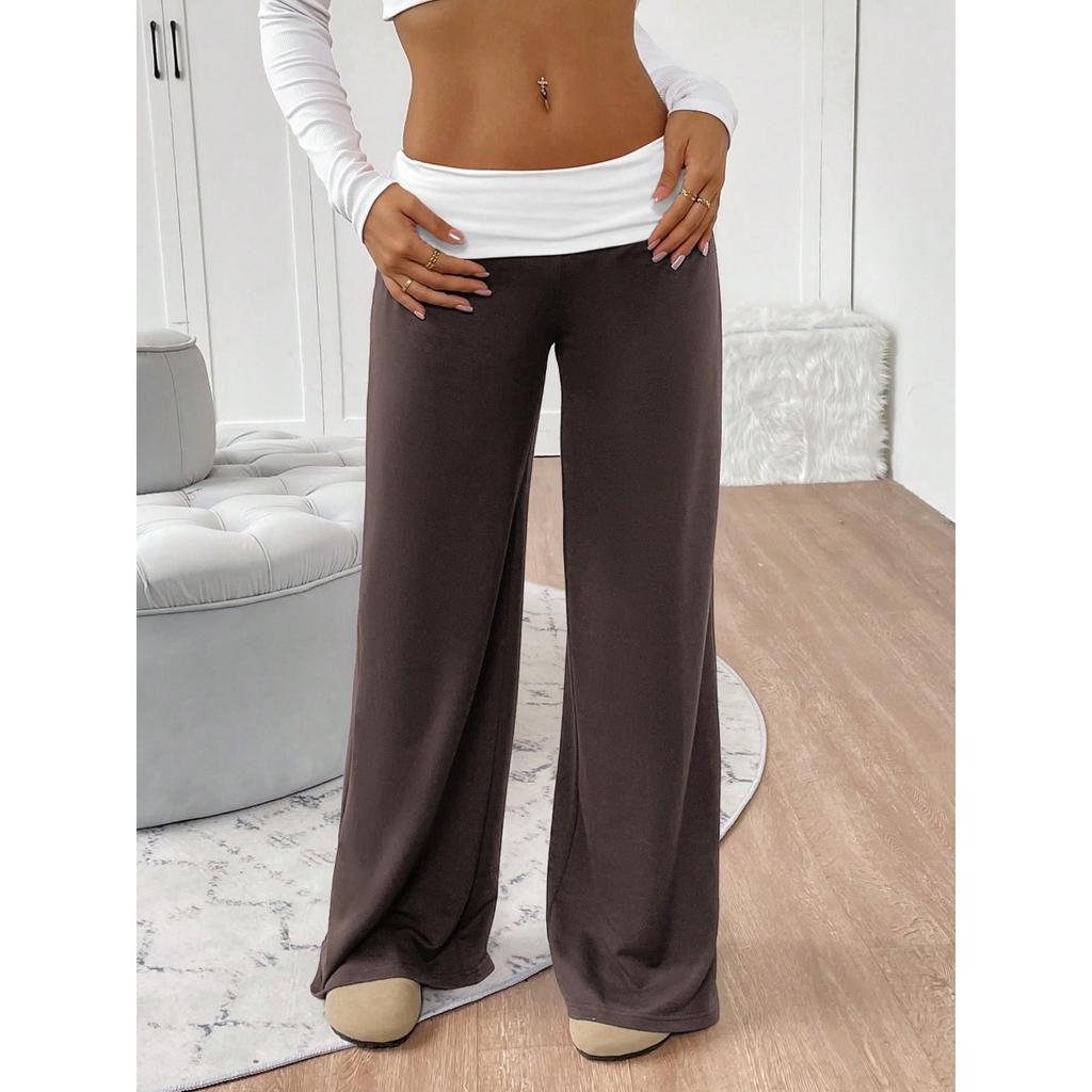 Women's Mid Waist Fold Over Flare Pants Casual Loose Wide Leg Yoga Trousers