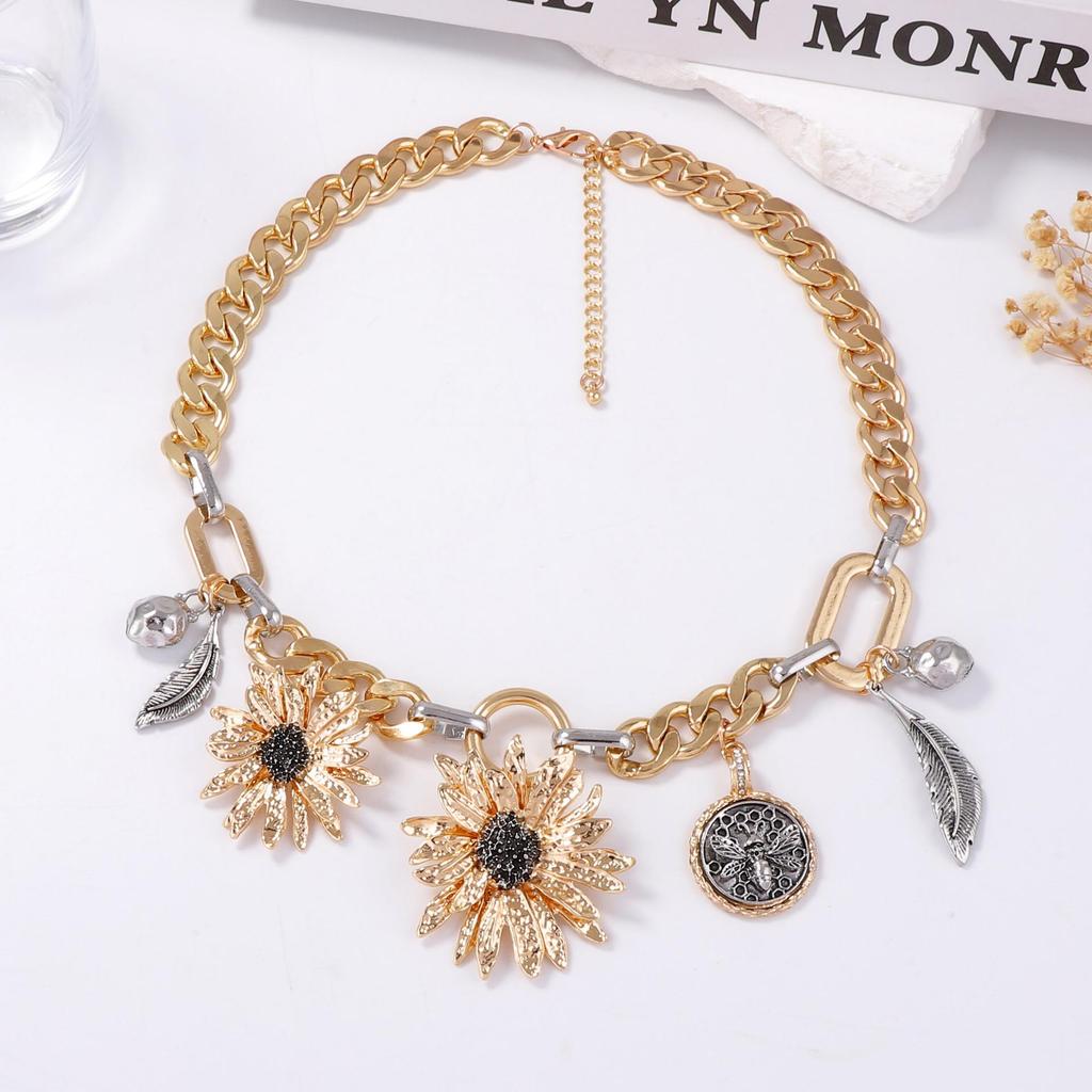 Summer Sunflowers Necklace - Layered Floral Necklace | Boho Style | Two-Tone Plating