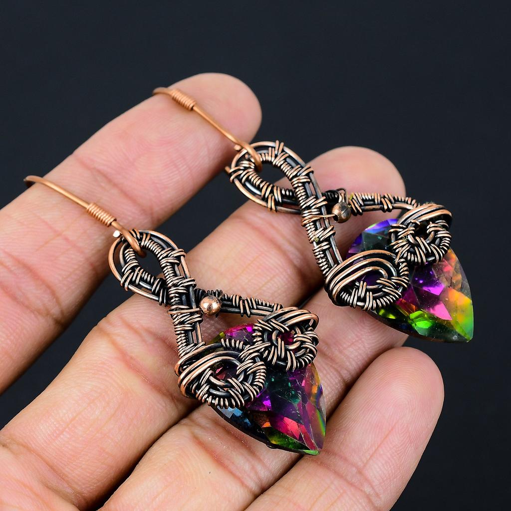 Mystic Topaz Handmade Copper Wire Wrap Jewelry Earring 2.76 H7M58