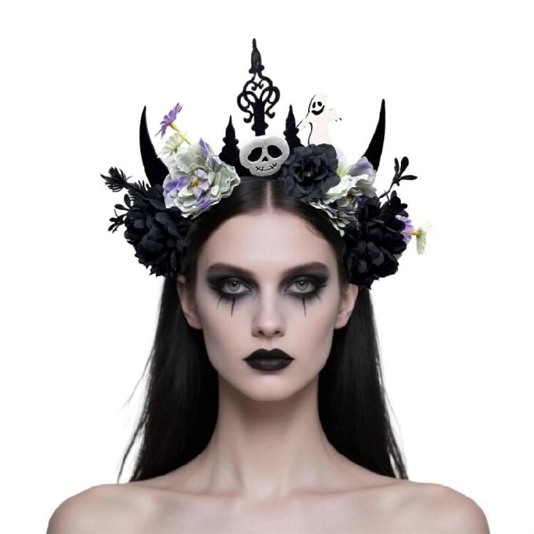 Dark Series Flower Hairband with Skull Decors For Women Girl Halloween Costume Party Role Playing Accessory Headpiece