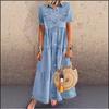 Retro Jeansowa Sukienka Maxi dla Kobiet Miękka Cienka Długa Sukienka z Guzikami Kieszeniami Krótki Rękaw Codzienna Vestidos Damska Jeansowa Sukienka