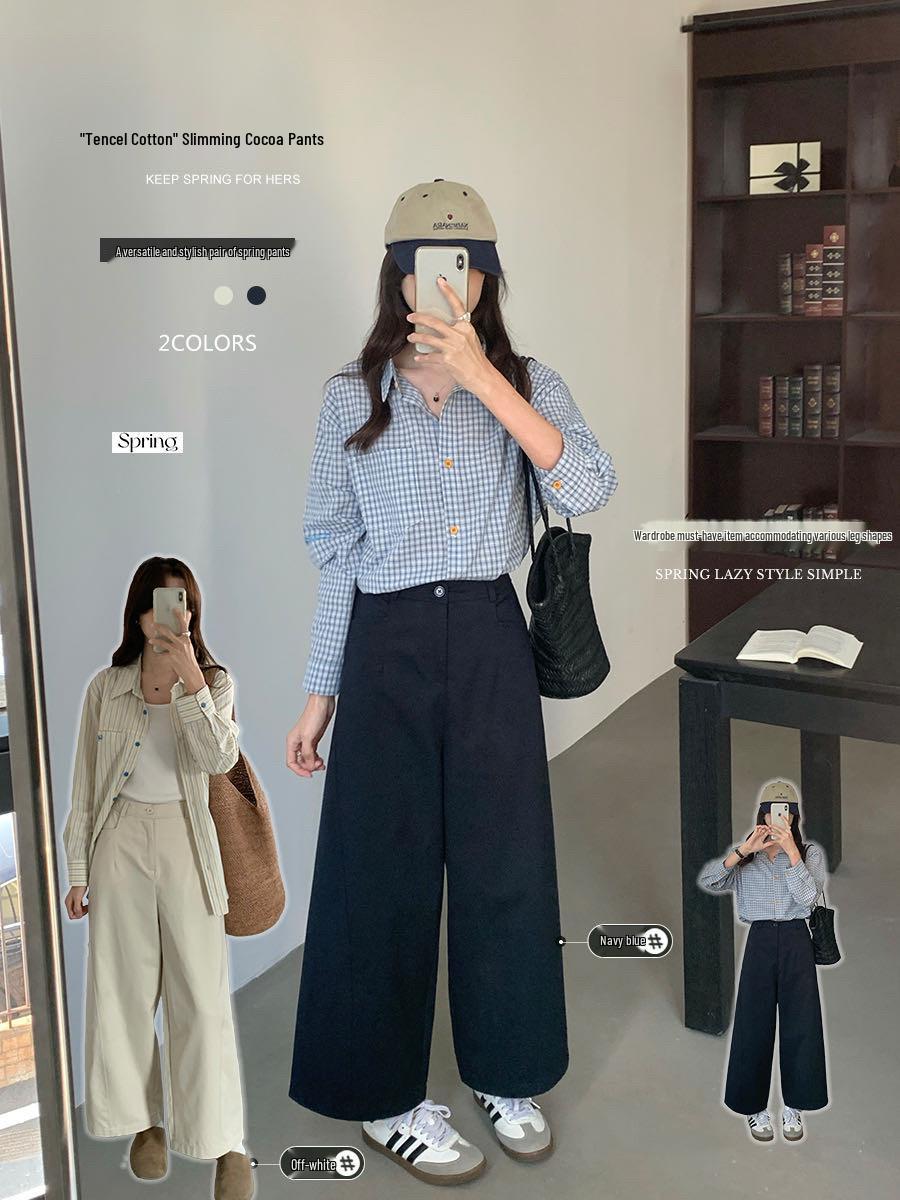 2026 Spring Women s Korean-Style Tencel Cotton High-Waisted Cocoa Wide-Leg Pants M