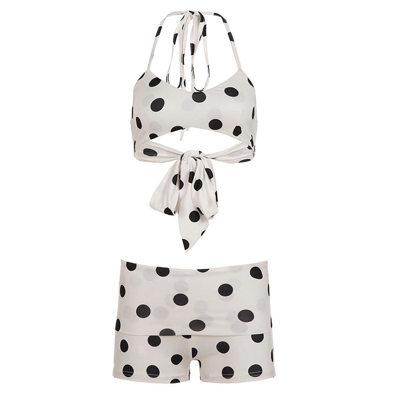 European and American Retro Beach Vacation Hot Spring Polka Dot Hottie Shorts Bikini Set Halter Neck Top + Solid Color Shorts Black and White S