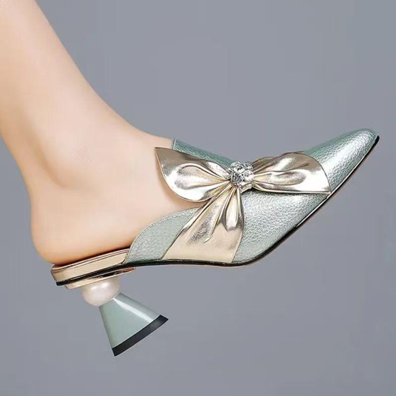 Spring Chinese-style Rhinestone Soft Leather Bow Slippers, Thick Heel Fashion Wear Versatile Semi-drag Sandals