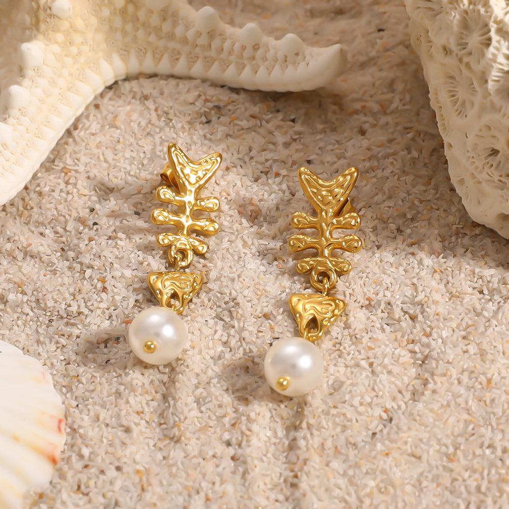 Stainless Steel Fishbone Pearl Tassel Earrings - Non-fading & Waterproof Studs
