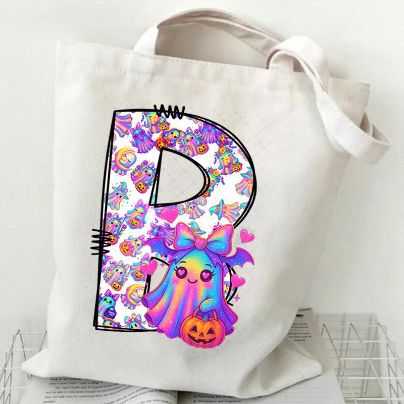Halloween Alphabet Canvas Bag Going Out Portable Handbag Women's Large Capacity Casual Shoulder Crossbody Bag