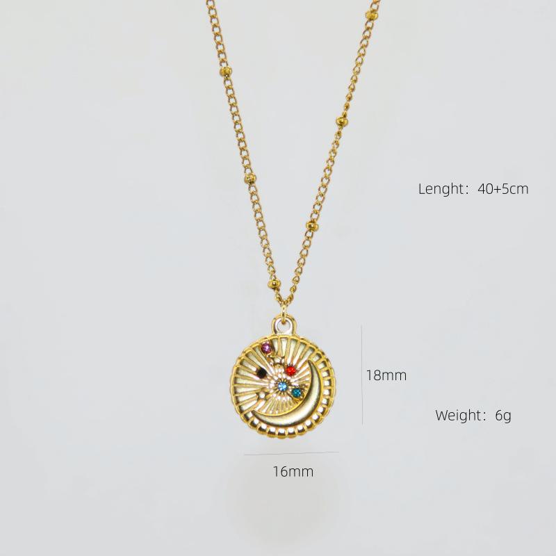 European & American Retro Sun Ray Small Round Pendant Necklace - Women's Simple Stainless Steel Clavicle Chain